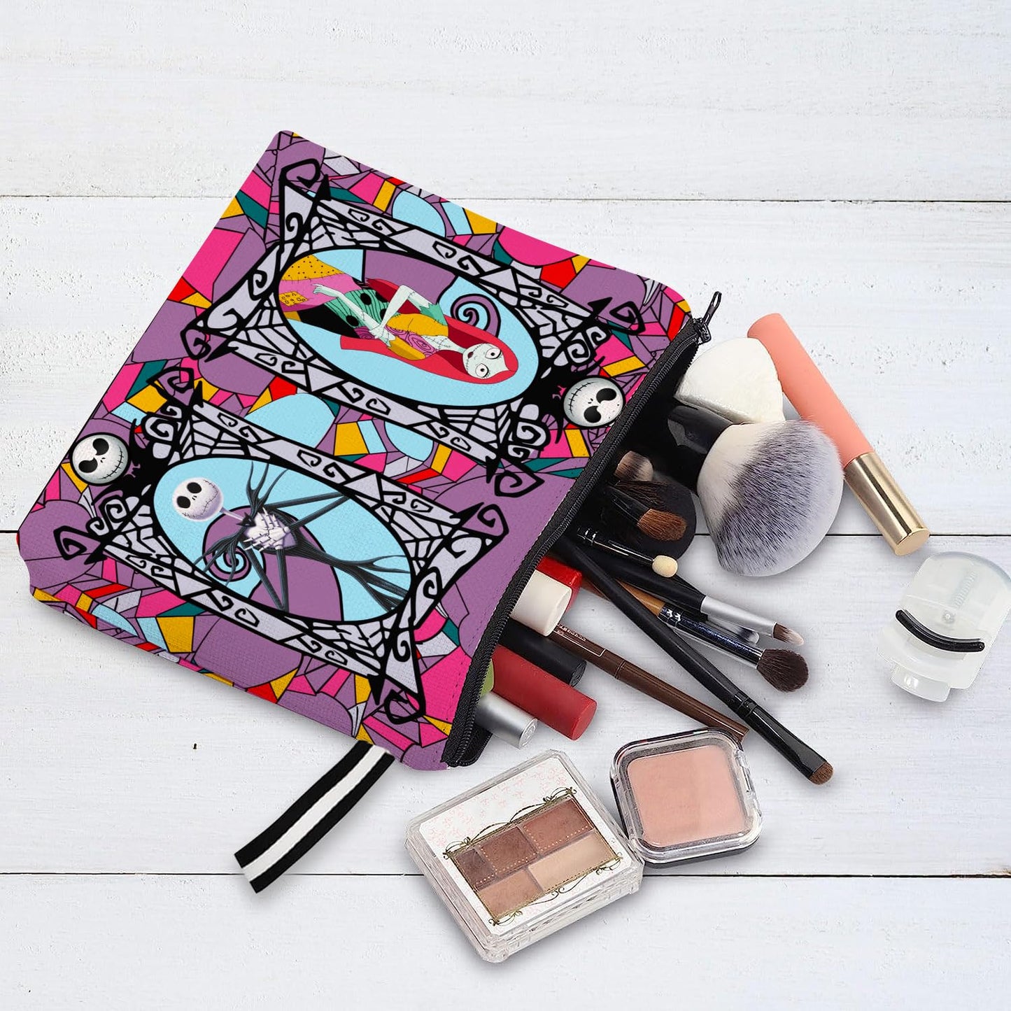 Portable Jack & Sally Themed Makeup Bag, Before Xmas Nightmare Cosmetic Bag, Jack Skellington & Sally Portable Travel Cosmetic Organizer- Cotton & Linen, Water-Resistant, 9.8x7 Inches