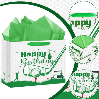 Abilat Large Golf Birthday Gift Bag with Tissue Paper and Greeting Card Reusable Golf Birthday Party Favors Wrapping Bag for Boys Men Sports Themed Party Decoration Supplies