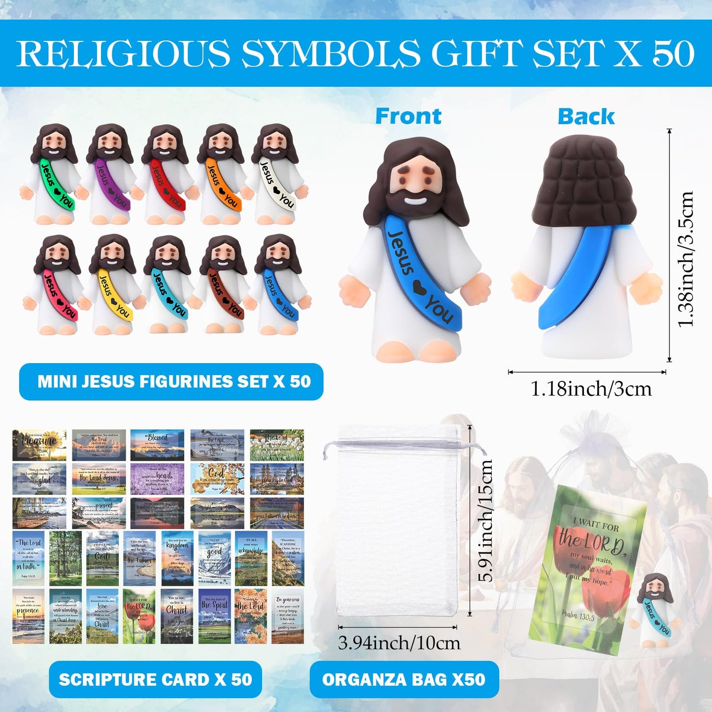 Bememo 50 Sets Christian Gifts Bulk Bible Verse Cards Include Little Jesus Figures Prayer Cards and Organza Bags for Religious Party Favors Sunday Baptism Gifts(Landscape Style,Bright)