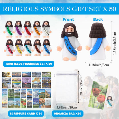 Bememo 50 Sets Christian Gifts Bulk Bible Verse Cards Include Little Jesus Figures Prayer Cards and Organza Bags for Religious Party Favors Sunday Baptism Gifts(Landscape Style,Bright)