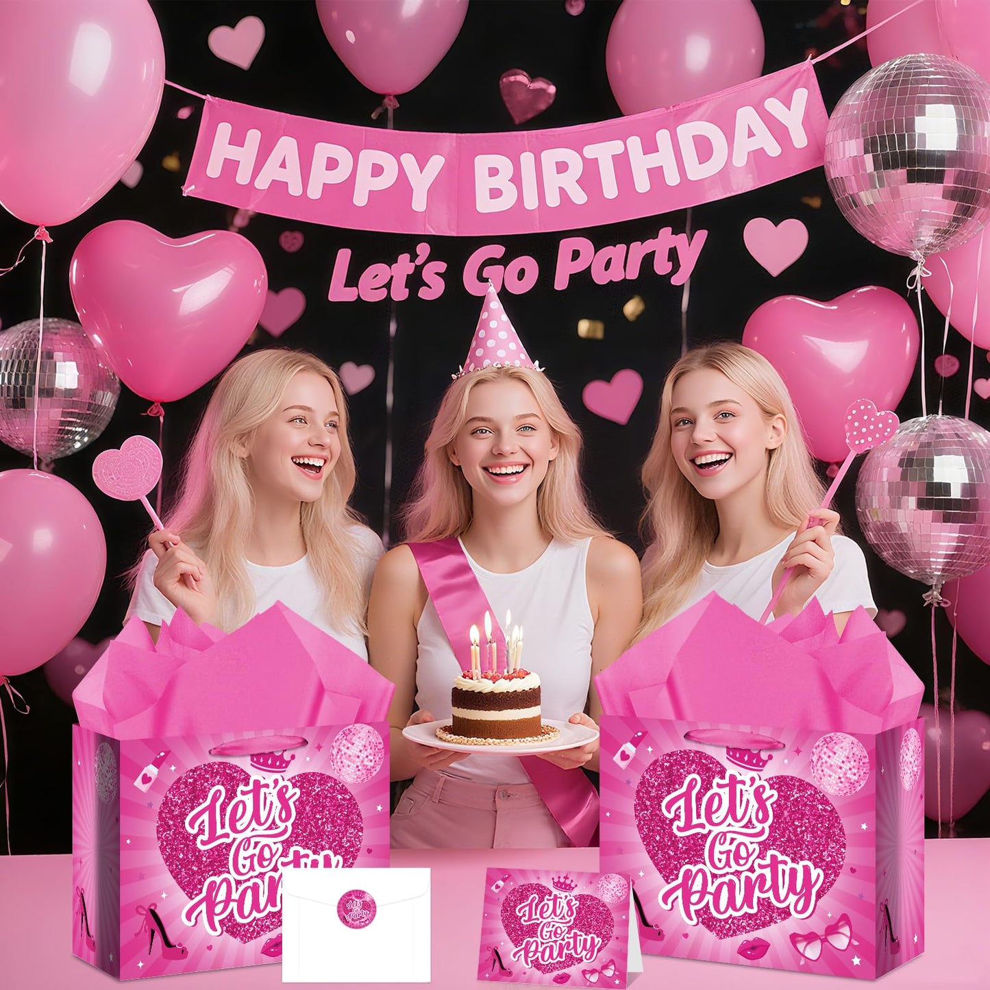 Allparty 11.8” Hot Pink Gift Bag, Let’s Go Party Design with Wrapping Paper, Card, Envelope & Sticker for Girls Birthday, Bridal Shower, Bachelorette Party Supplies