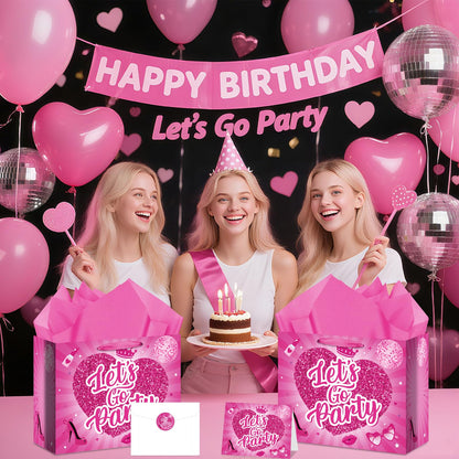 Allparty 11.8” Hot Pink Gift Bag, Let’s Go Party Design with Wrapping Paper, Card, Envelope & Sticker for Girls Birthday, Bridal Shower, Bachelorette Party Supplies