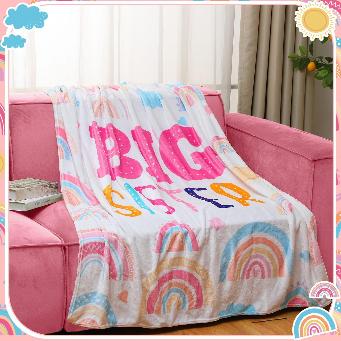 Buryeah 60" x 50" Sisters Gift Big Sister Blanket Soft Warm Flannel Throw Blanket Pastel Rainbow Sis to Be Announcement New Big Sis Gift for Baby Shower Birthday Party Supplies