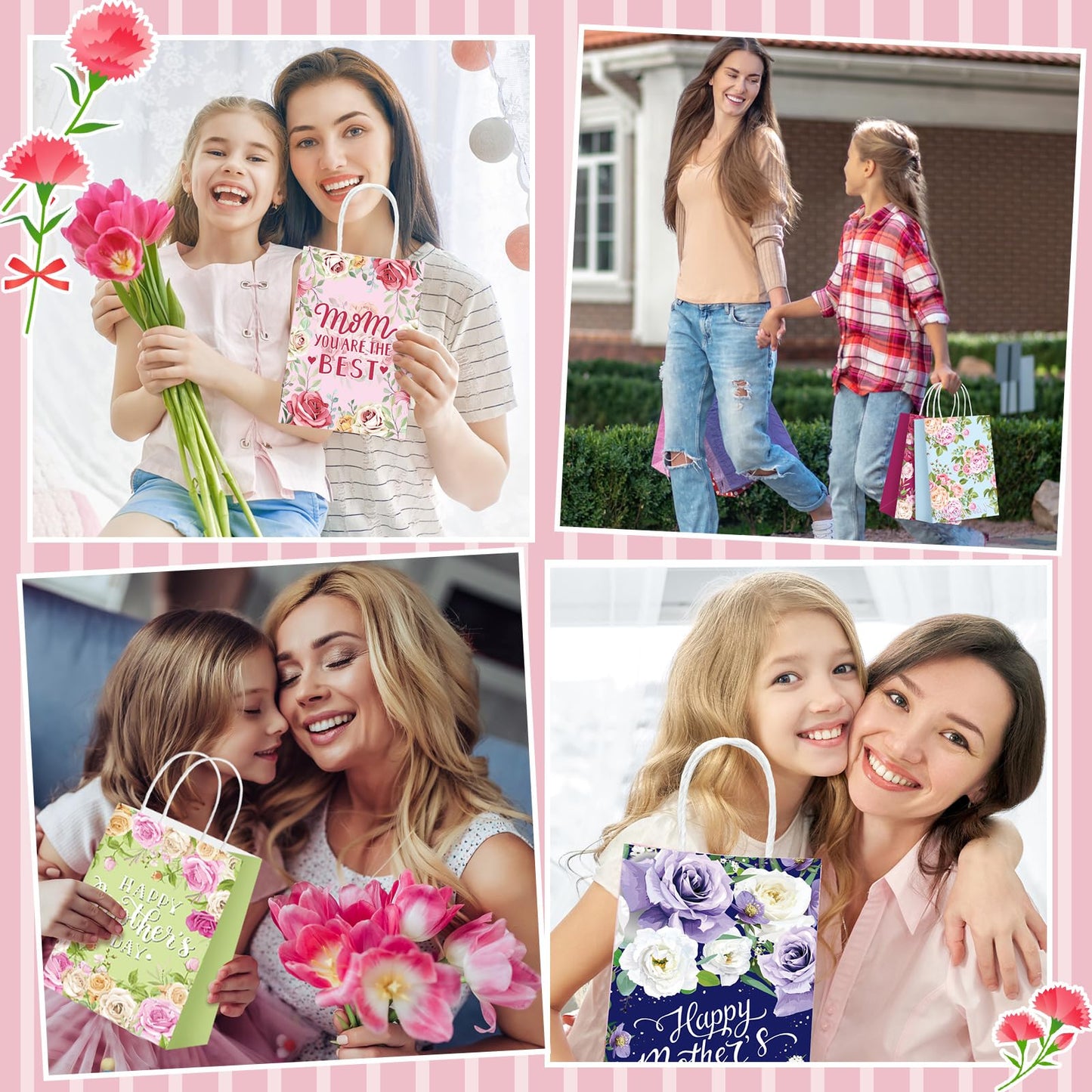 Motiskyy 30 Pcs Mother's Day Gift Bags Bulk with Handle Carnation Gift Bags for the Best Mom Paper Treat Wrap Favors Party Supplies(Best Mom)