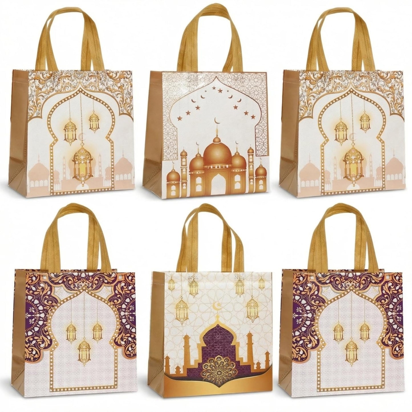 YVAINE 12pcs Ramadan Mubarak Gift Bags with Handles - Reusable Non-Woven Treat Bags 11.4 x 10.6 x 4.7 Inches, 4 Assorted Islamic Designs with Stars, Moon, Mosque & Lanterns for Eid Mubarak Sweets, Party Supplies, Holiday Gifting
