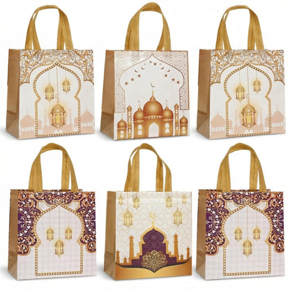 YVAINE 12pcs Ramadan Mubarak Gift Bags with Handles - Reusable Non-Woven Treat Bags 11.4 x 10.6 x 4.7 Inches, 4 Assorted Islamic Designs with Stars, Moon, Mosque & Lanterns for Eid Mubarak Sweets, Party Supplies, Holiday Gifting
