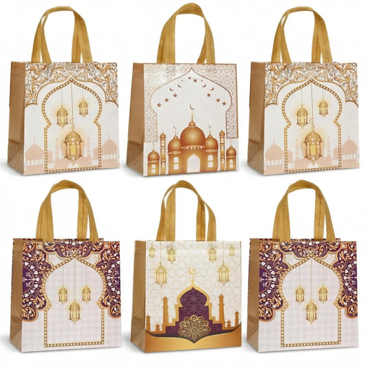 YVAINE 12pcs Ramadan Mubarak Gift Bags with Handles - Reusable Non-Woven Treat Bags 11.4 x 10.6 x 4.7 Inches, 4 Assorted Islamic Designs with Stars, Moon, Mosque & Lanterns for Eid Mubarak Sweets, Party Supplies, Holiday Gifting