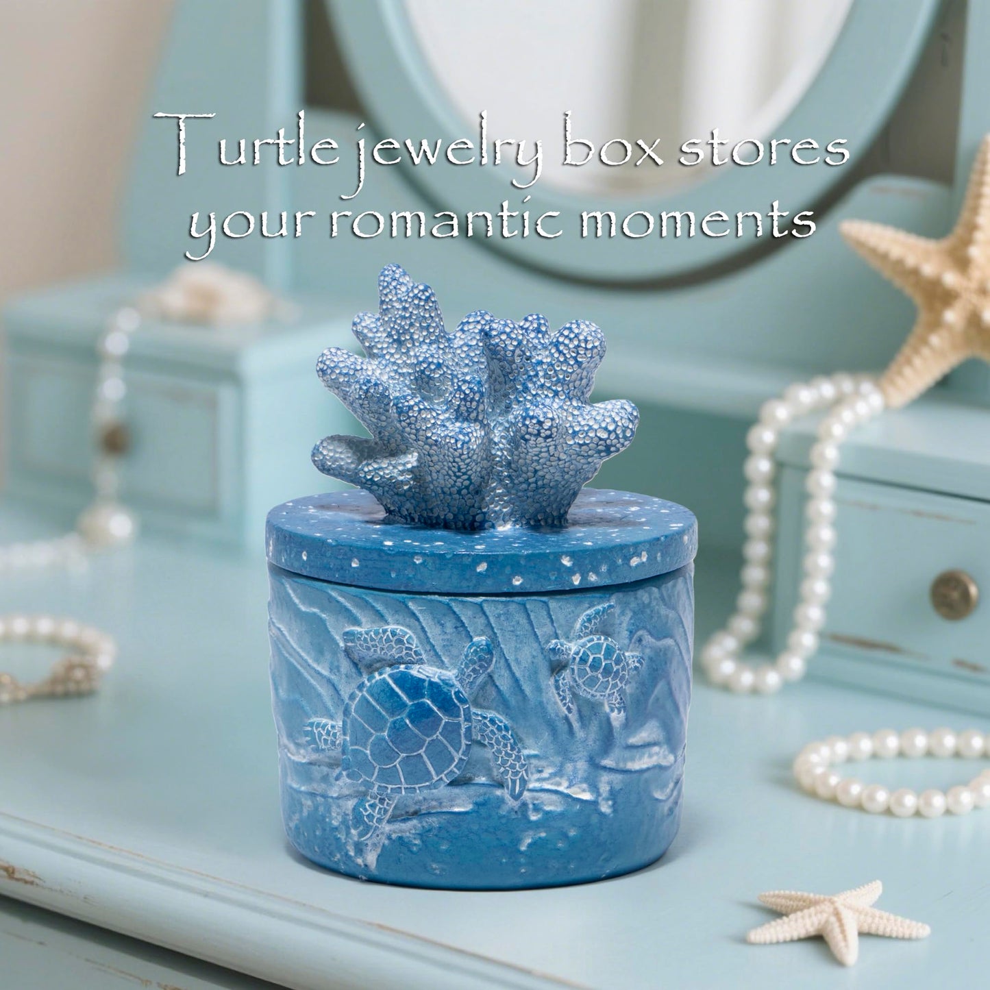 Hodao Ocean Crafts Sea Turtle & Octopus Resin Jewelry Box with Coral Lid - Handmade Organizer for Rings Earrings Necklaces, Blue/White, Ocean-Themed Storage Case Decor Gifts For Women (Blue-Turtle)