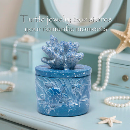 Hodao Ocean Crafts Sea Turtle & Octopus Resin Jewelry Box with Coral Lid - Handmade Organizer for Rings Earrings Necklaces, Blue/White, Ocean-Themed Storage Case Decor Gifts For Women (Blue-Turtle)