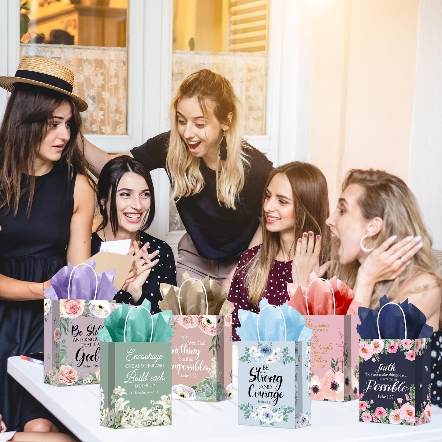 24Pcs Religious Christian Gift Bags Spring Classic Bible Verse Floral Paper Bags Inspirational Motivational Flower Treat Bag with Tissues Christian Church Gifts for Women Wedding Baptism Birthday Part