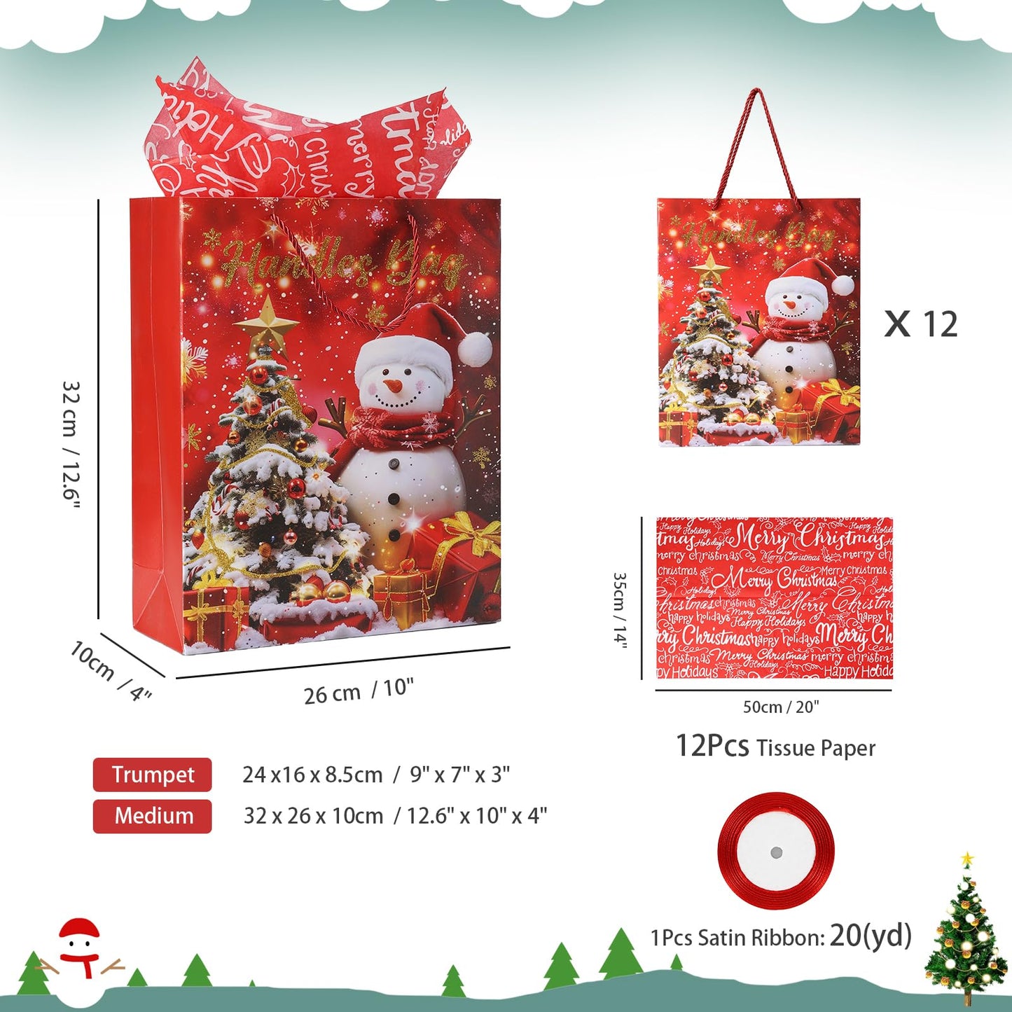 Rusikia 12 Christmas Gift Bags with 12 Tissues and 1 Satin Ribbon, Red Party Favor Bags Bulk with Handles, Glittery Cute Tree Snow-man Paper Bag for Xmas Holiday Party (Medium 10"x4"x12.6")