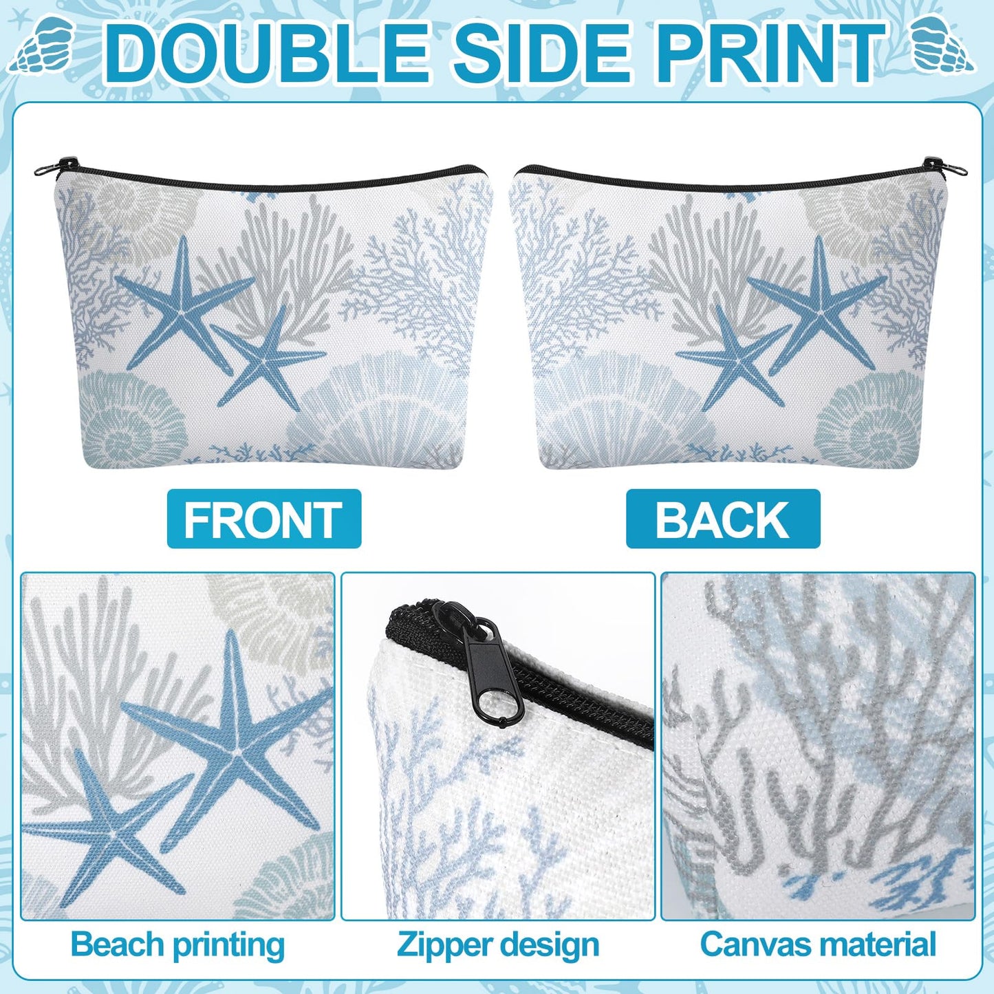 4 Pack Coastal Cosmetic Bags Beach Themed Gifts Starfish Seashell Conch Coral Makeup Pouches Zippered Travel Toiletry Bags for Women Beach Summer Trip Organizer Set(Fresh)