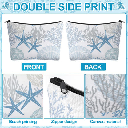 4 Pack Coastal Cosmetic Bags Beach Themed Gifts Starfish Seashell Conch Coral Makeup Pouches Zippered Travel Toiletry Bags for Women Beach Summer Trip Organizer Set(Fresh)