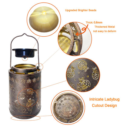 Decorative Solar Lantern Outdoor, Hanging Garden Light with Ladybug Pattern Projection, Waterproof Metal Lantern for Patio Yard Porch, Unique Gift for Women Men Mom Grandma