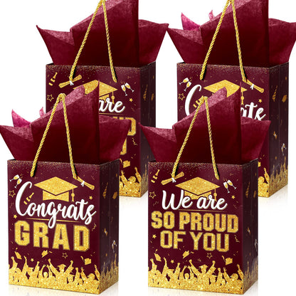 TaoBary 12 Pcs Graduation Gift Bags with Tissue Party Favor Bag Handles Class of 2026 Grad Paper Goodie Bulk for Congrats Supplies(Burgundy Gold)