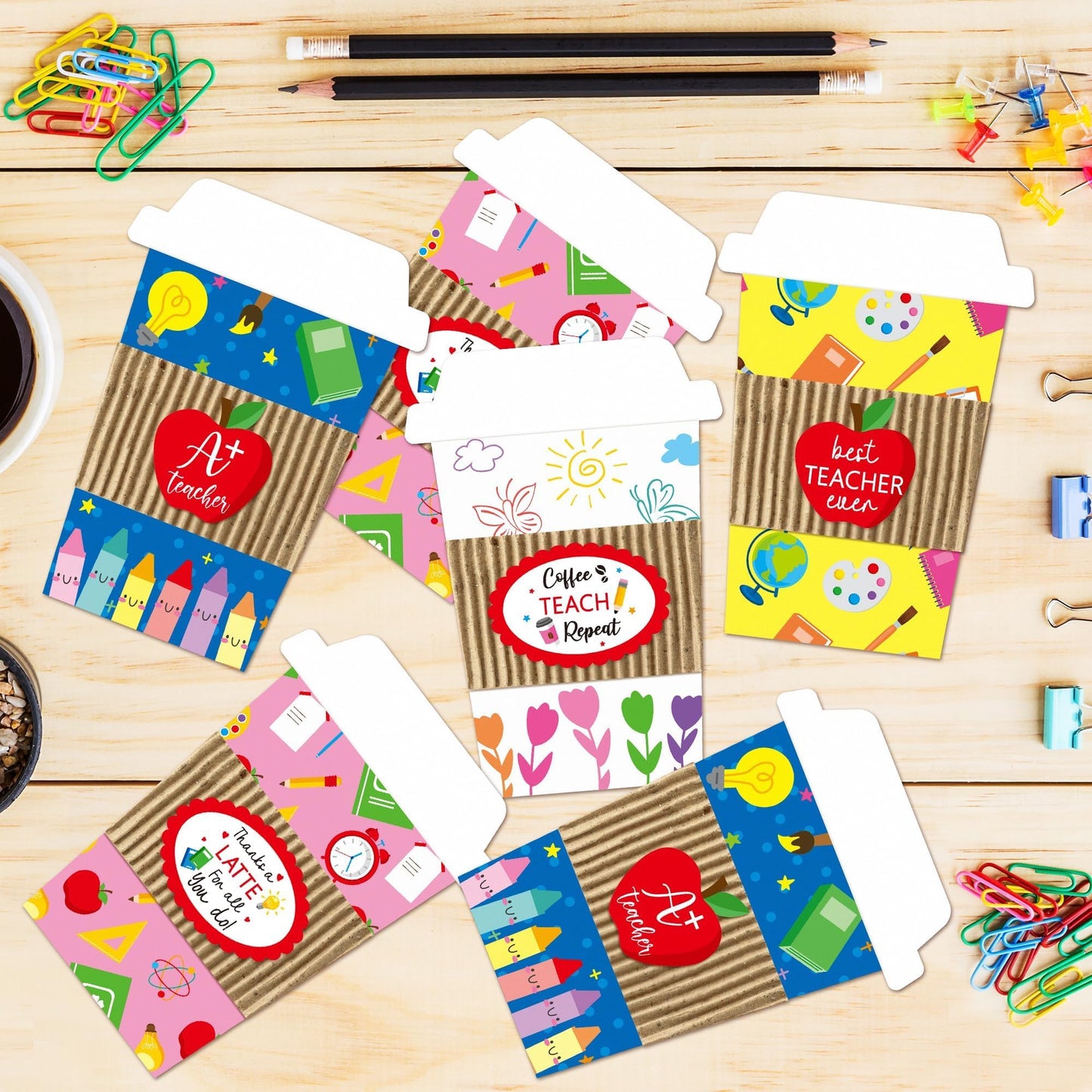 ANGOLIO 12 Teacher Appreciation Coffee Gift Card Holders, Practical Teachers's Day Cup Envelopes are well-made for a Note Cash, Unique Thank You Greeting Cards for Educators Graduations Back to School