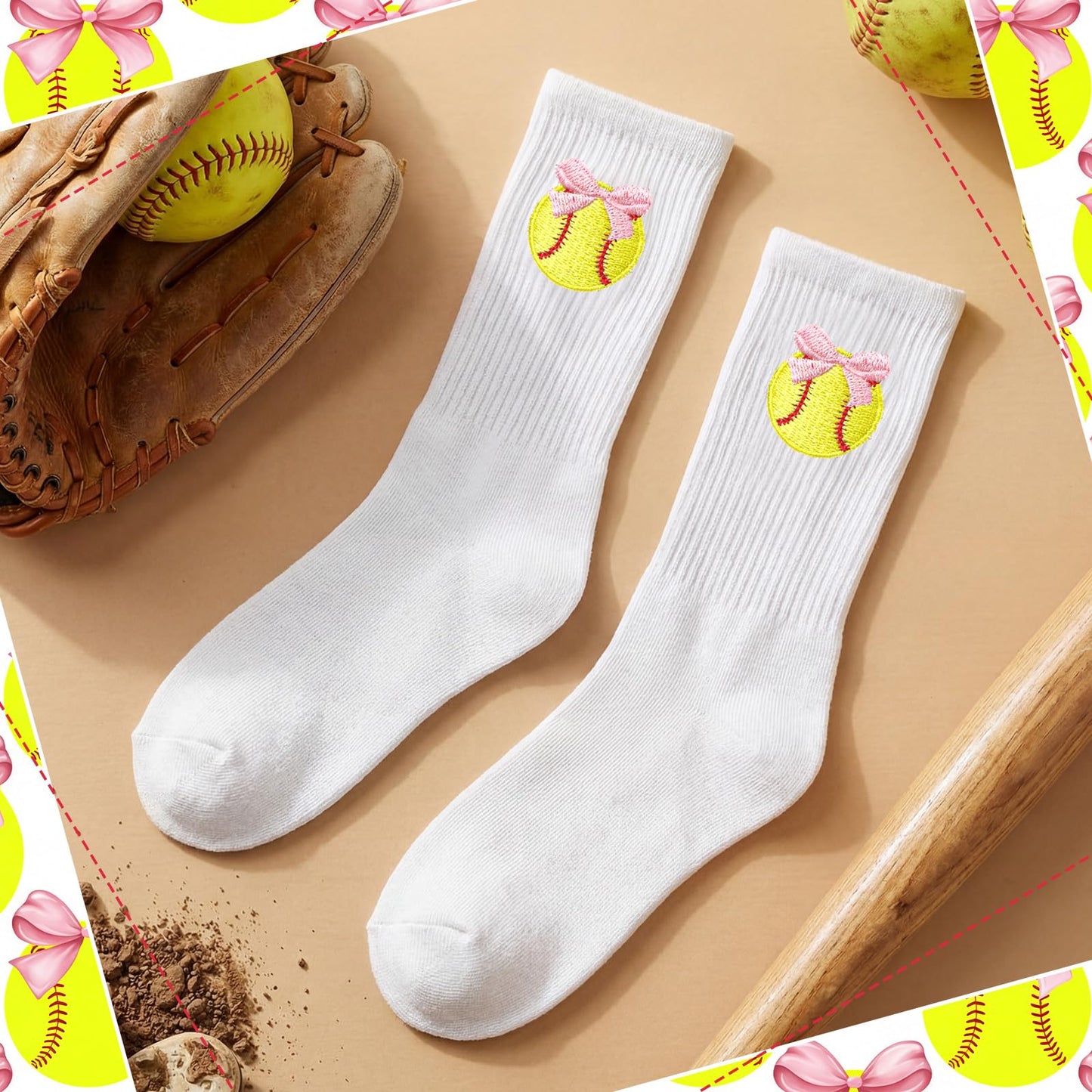 Glitopper 12 Pairs Team Socks Gifts Bulk for Women, Pink Bow Softball Embroidered Socks Gifts Bulk for Women Girls
