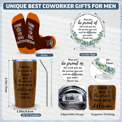 JTAMOHI 9 Pcs Employee Appreciation Gifts for Men, Best Coworker Appreciation Gifts with 20 Oz Tumbler, Leather Journal Notebook, Socks, Acrylic Award Plaque Sign, Thank You Gift for Employee