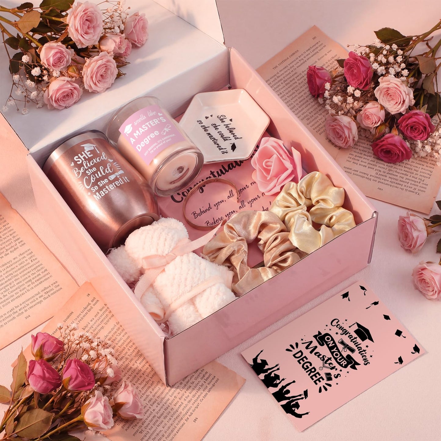 Sieral 11 Pcs Masters Graduation Gifts Set for Her Includes Notebook Tumbler Cup Candle Bracelet Ceramic Jewelry Dish Card and More Master Degree Inspirational Grad Gift for Daughter Sister Friend