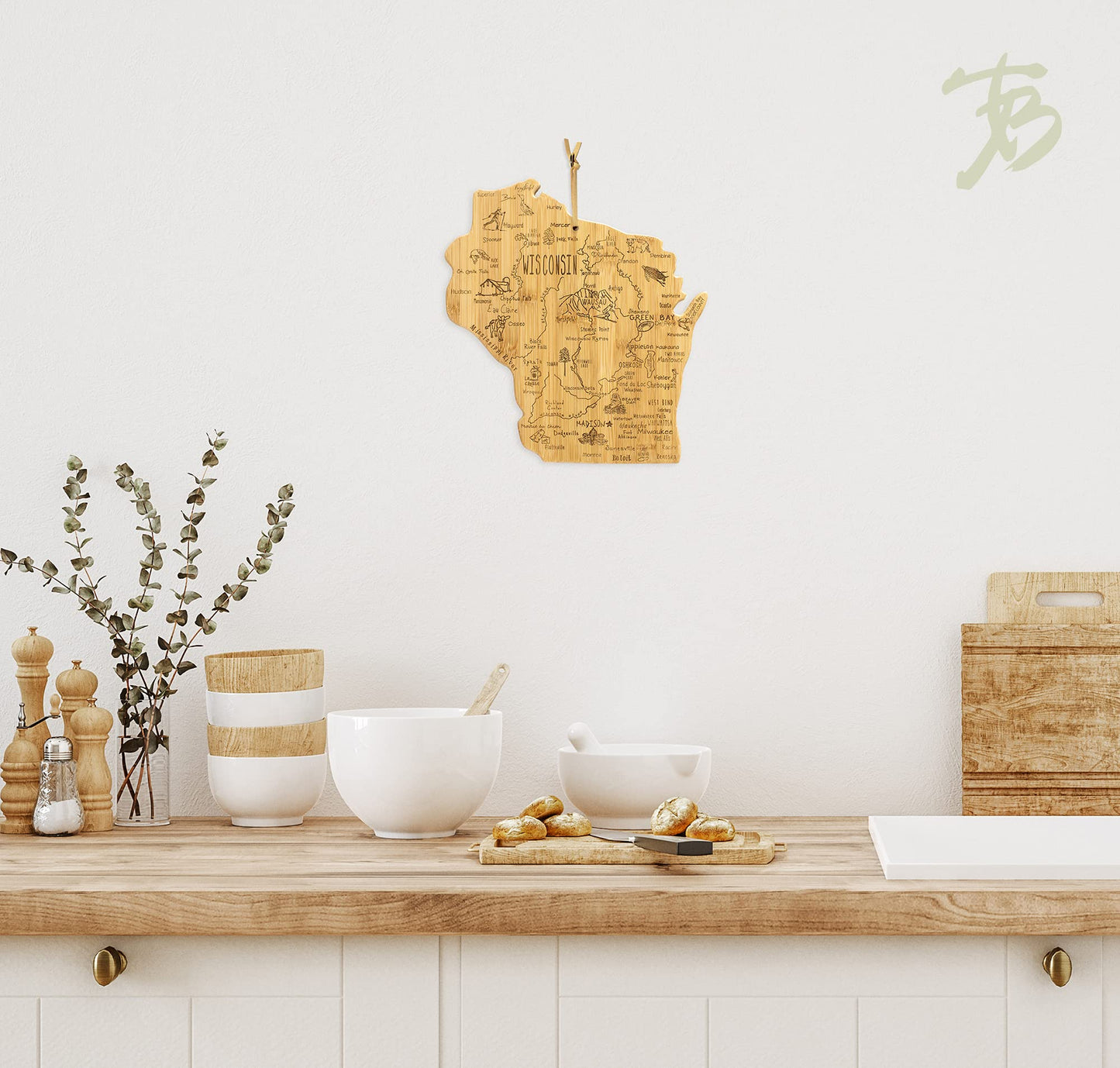 Totally Bamboo Destination Wisconsin State Shaped Serving and Cutting Board, Includes Hang Tie for Wall Display