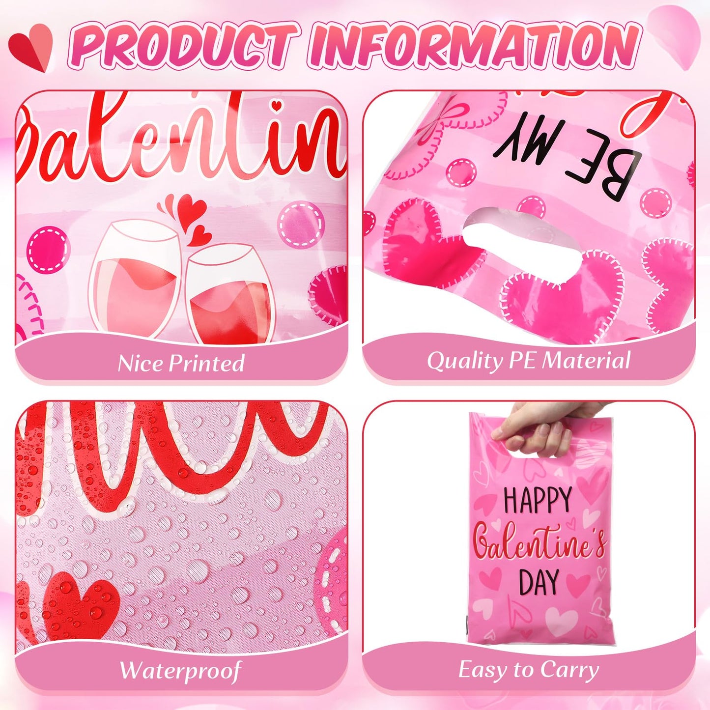 Teenyyou 60 Pcs Galentines Day Gift Bags Pink Red Plastic Heart Treat Bags Small Valentines Goodie Handbags for Women Sweet Day Friendship Party Supplies
