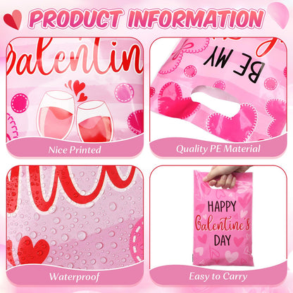 Teenyyou 60 Pcs Galentines Day Gift Bags Pink Red Plastic Heart Treat Bags Small Valentines Goodie Handbags for Women Sweet Day Friendship Party Supplies