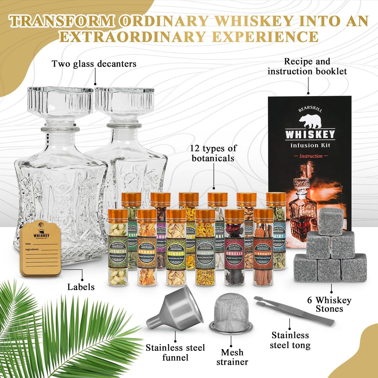 Whiskey Infusion Kit, DIY Alcohol Making Kit for Infusing Bourbon, Rye, Gin, Vodka, Tequila, Rum with Custom Botanicals, Perfect Alcohol Infusion Kits Whiskey Gifts for Men, Dad, Husband