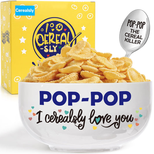 Pop-Pop Gifts for Fathers Day, Funny Pop Pop Gifts for Grandpa Birthday from Grandkids Granddaughter, Ceramic Cereal Bowl Presents, POP-POP I Cerealsly Love You