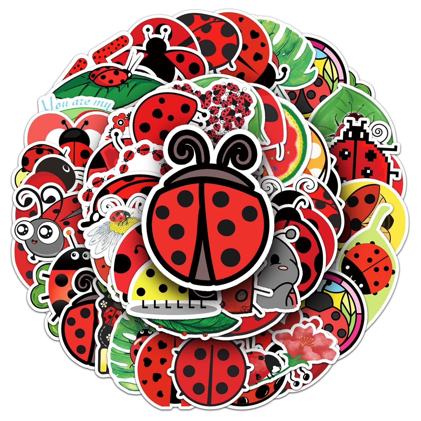 50 Pcs Cute Ladybug Stickers - Waterproof Vinyl Ladybug Decals with Love/Fruit Motifs for Skateboard, Laptop, Fridge & Luggage (Assorted Adorable Ladybug Designs)(Ladybug)