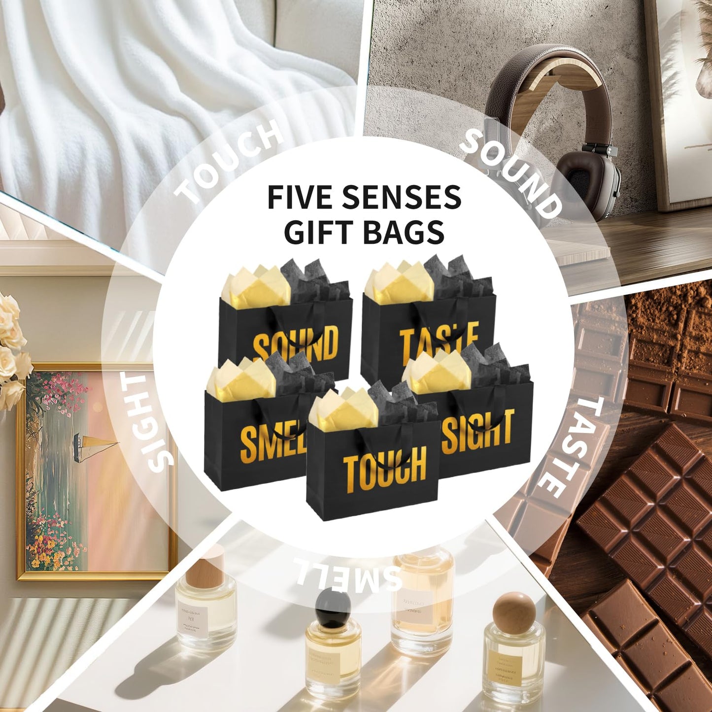 EIiovcnya 5 Senses Gift Bags for Him Her with Labels,Sight Smell Touch Taste Sound Gift Bags with Ribbon Handle,Tissue Paper,Greeting Card for Birthday,Wedding,Christmas,Valentine's Day (Black, 12.6 x 8.7 x 4 Inch)