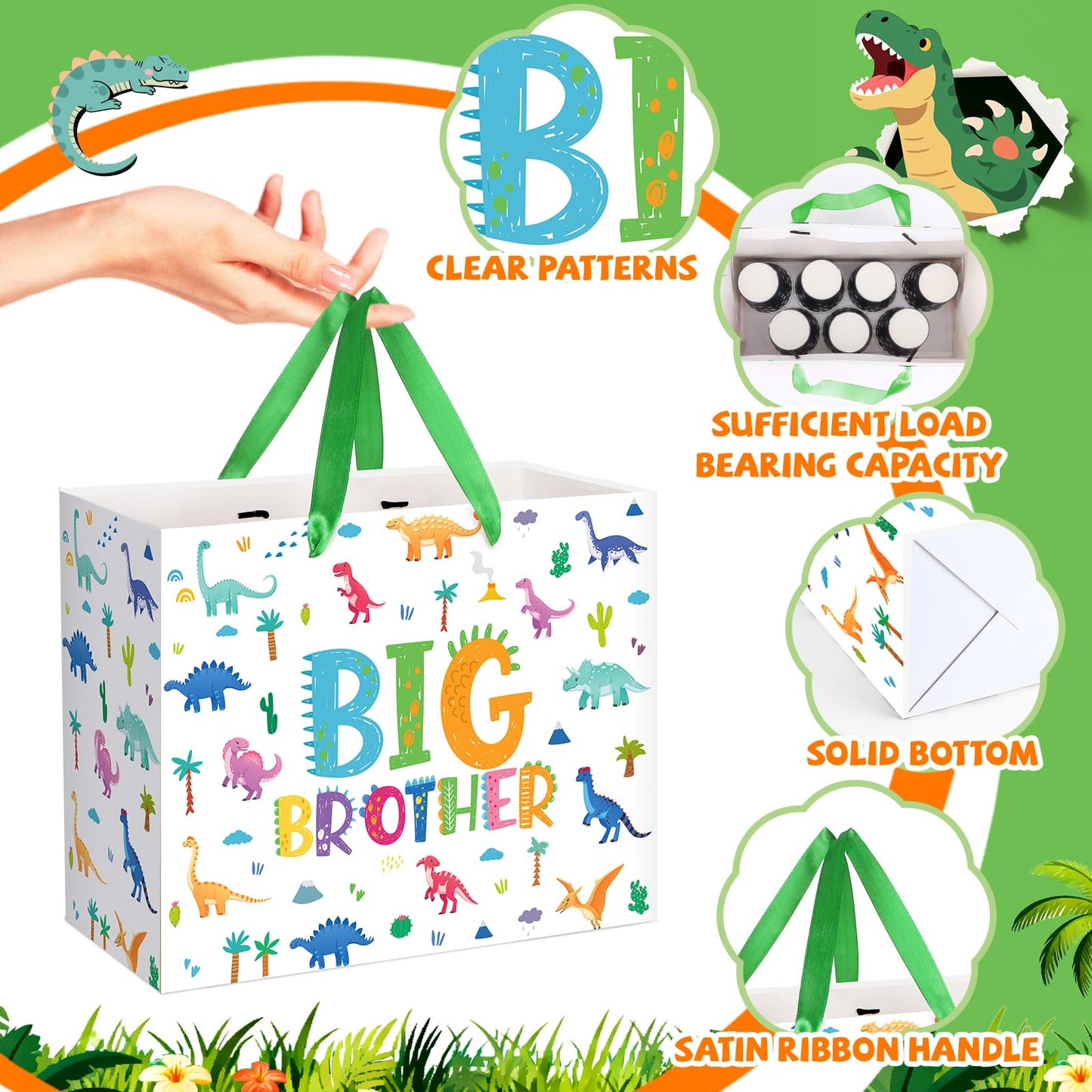 Big Brother Gift Bag for Boys, Cute Big Bro Gift Bag with Tissue Paper and Greeting Card Green Wrapping Paper Cartoon Dinosaur New Brother Party Decoration for Little Boy Birthday Party Supplies