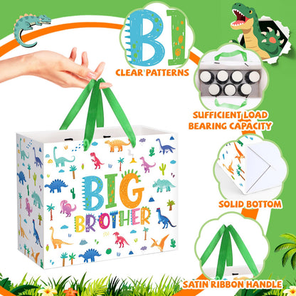 Big Brother Gift Bag for Boys, Cute Big Bro Gift Bag with Tissue Paper and Greeting Card Green Wrapping Paper Cartoon Dinosaur New Brother Party Decoration for Little Boy Birthday Party Supplies