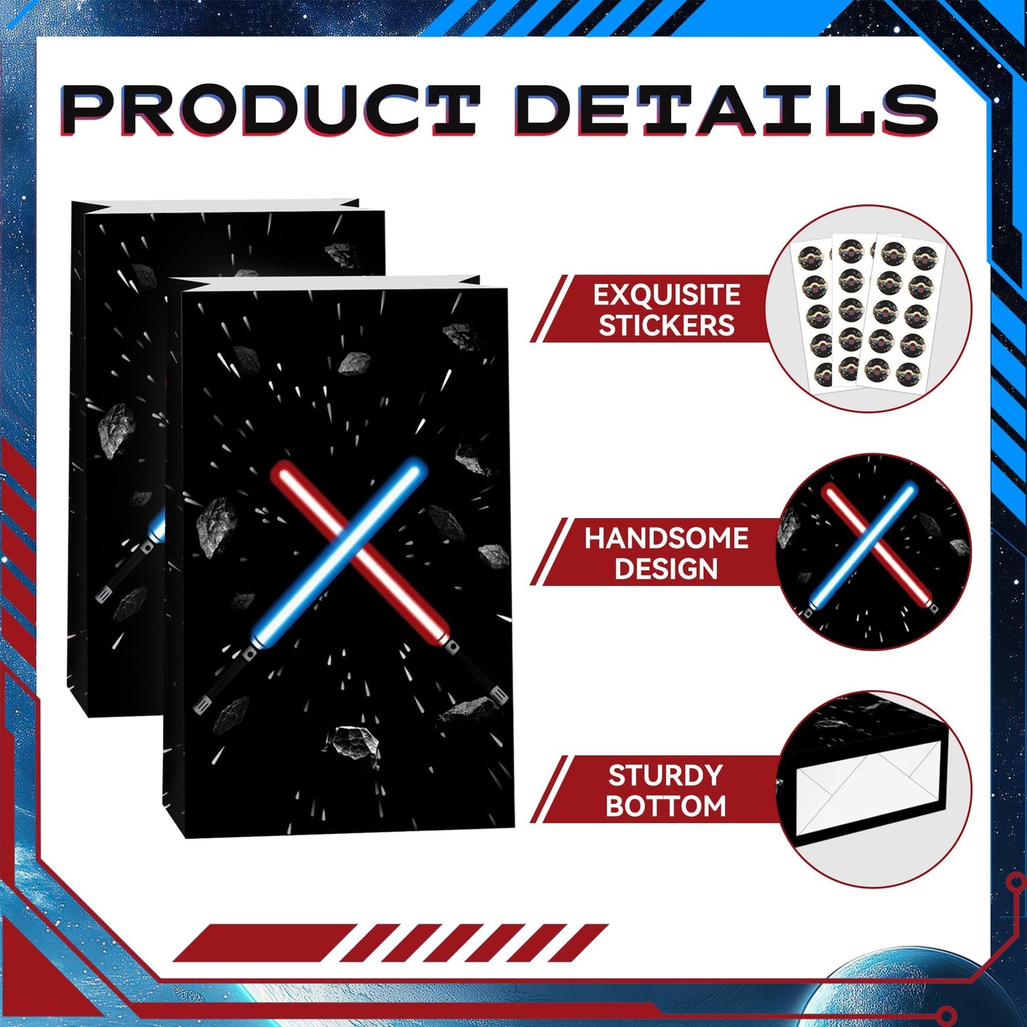 FestiVex 12Pcs Black Galaxy Goodie Paper Bags with Airship Stickers, Space Themed Candy Bags for Birthday Party Favors, Baby Shower, Video Game Party Decorations for Kids and Teens (12)