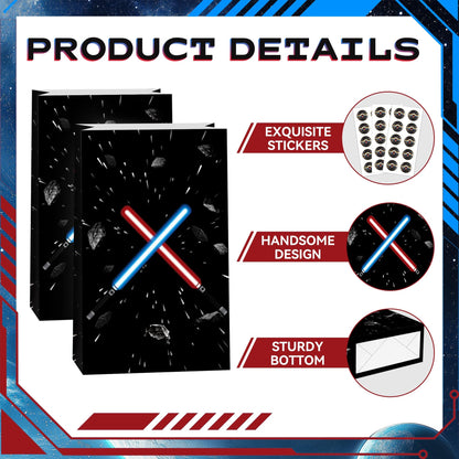 FestiVex 12Pcs Black Galaxy Goodie Paper Bags with Airship Stickers, Space Themed Candy Bags for Birthday Party Favors, Baby Shower, Video Game Party Decorations for Kids and Teens (12)