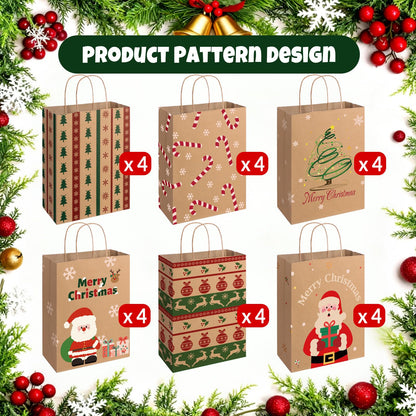 SUNEE Christmas Gift Bags, 24 Pack Christmas Bags for Gifts with Handles, 6 Assorted Kraft Paper Gift Bags Bulk with Xmas Tree, Santa Claus, Candy Designs, 7.28*3.15*8.7 Goodie Bags for Kids, Small Size