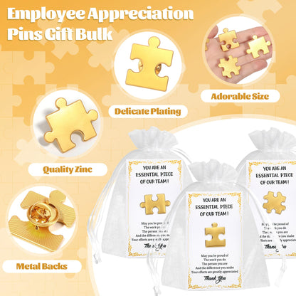 SINCCO 24/48/96 Sets Employee Appreciation Gifts Bulk, Inspirational Employee Of The Month Lapel Pins With Thank You Cards Small Puzzle Piece Gift for Coworkers, Office Staff, Team Building (Gold)