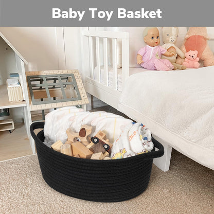 Goodpick Small Woven Basket, Baskets for Gifts Empty, Baby Basket with Handles, Black Baskets for Organizing, Dog Toy Basket, Rope Baskets for Storage, 12" x 8" x 5"