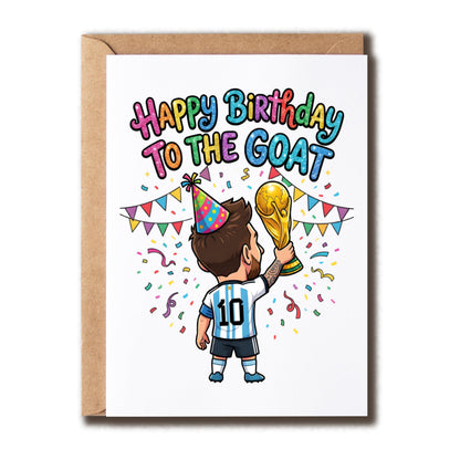 Mes.Si Birthday Card - Happy To The Goat Greeting - Argentina Football Soccer Fan Gift - World Cup Champion Trophy Illustration - Sports Legend Stationery