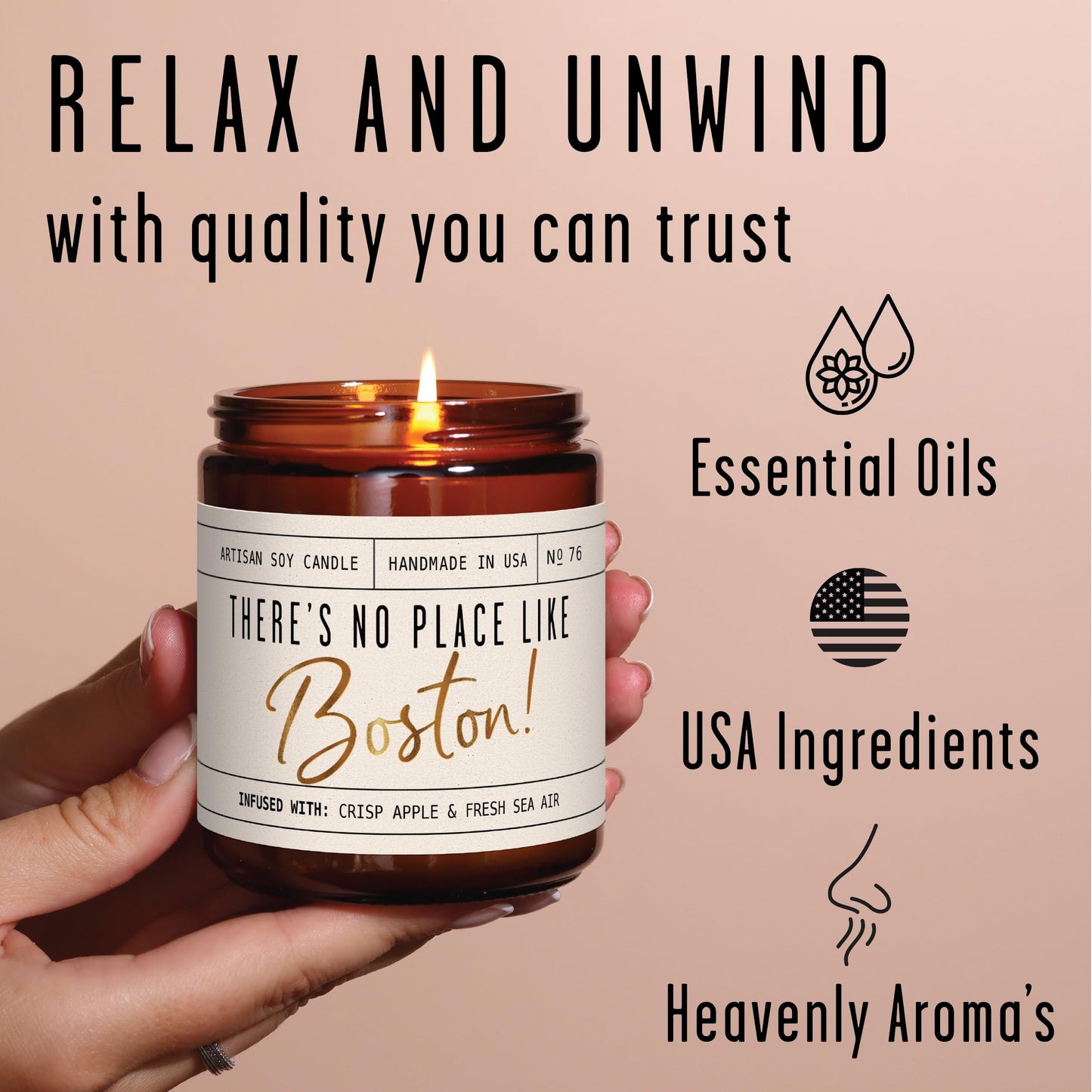 Boston Gifts, Boston Decor for Home - 'There's No Place Like Boston Candle, w/Wood, Sage & Sea Salt I Boston Souvenirs I 9oz Jar, 50Hr Burn, Made in USA