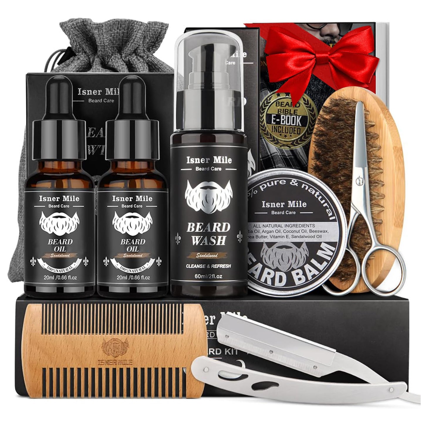 Isner Mile Beard Grooming Kit for Men Care: with Beard Oil Balm Wash Brush Comb & Straight Razor, Birthday Valentines Fathers Gifts for Men Him Boyfriend Husband Coworker, Christmas Stocking Stuffers