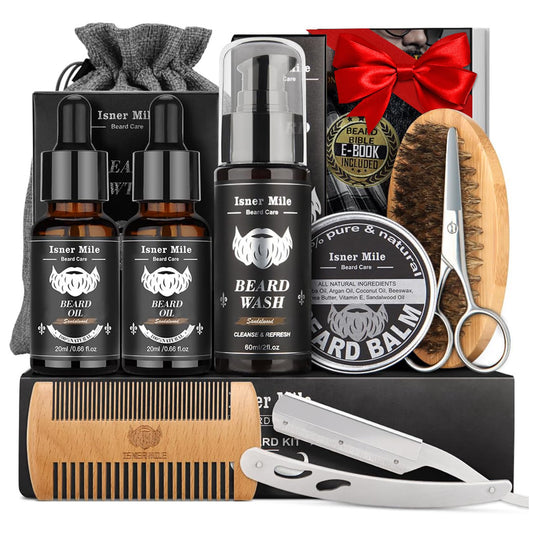 Isner Mile Beard Grooming Kit for Men Care: with Beard Oil Balm Wash Brush Comb & Straight Razor, Birthday Valentines Fathers Gifts for Men Him Boyfriend Husband Coworker, Christmas Stocking Stuffers