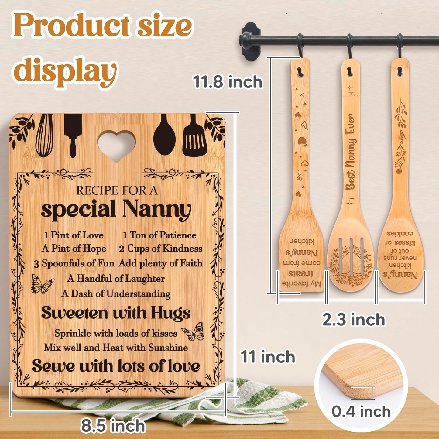 Gifts for Nanny - "Recipe for a Special Nanny" Nanny Gifts Cutting Board Set, Bamboo-Made Engraved Utensil Set Nanny Gifts for Grandma, Mothers Day Gifts for Nanny