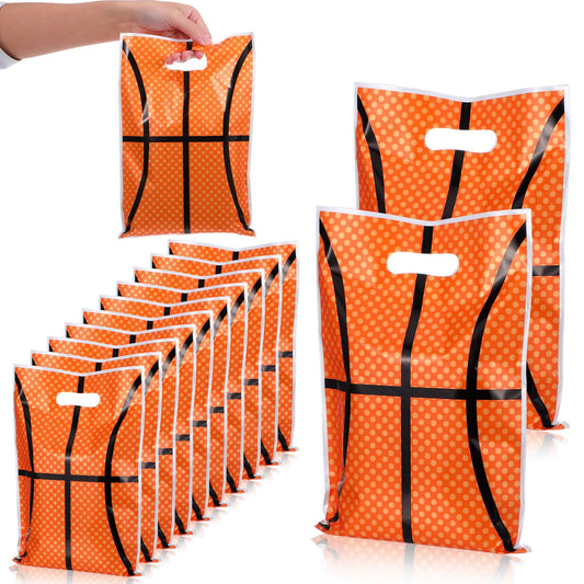 DOPENSPI 50PCS Basketball Gift Bags with Handle, 9.8x6.7in Plastic Basketball Goodie Bags Basketballs Party Favor Bag Basketballs Themed Parties Supplies for Birthday Sport Theme Party Decorations