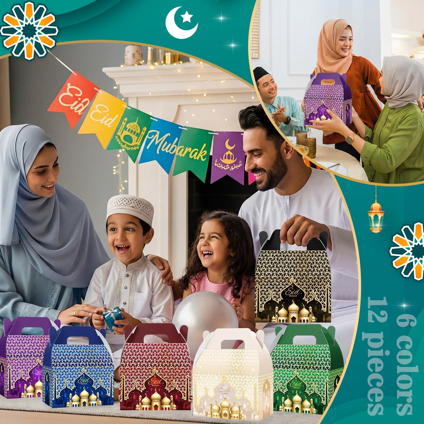 FunooFuno 12 Pcs Ramadan Eid Treat Box Mubarak Gift Box Castle Star Moon Lantern Ramadan Mubarak Goodie Candy Paper Bag for Muslim Eid Al Fitr Party Supplies