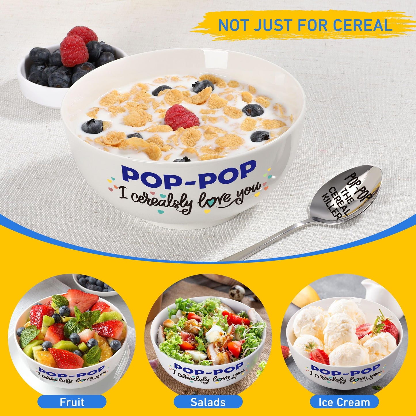 Pop-Pop Gifts for Fathers Day, Funny Pop Pop Gifts for Grandpa Birthday from Grandkids Granddaughter, Ceramic Cereal Bowl Presents, POP-POP I Cerealsly Love You