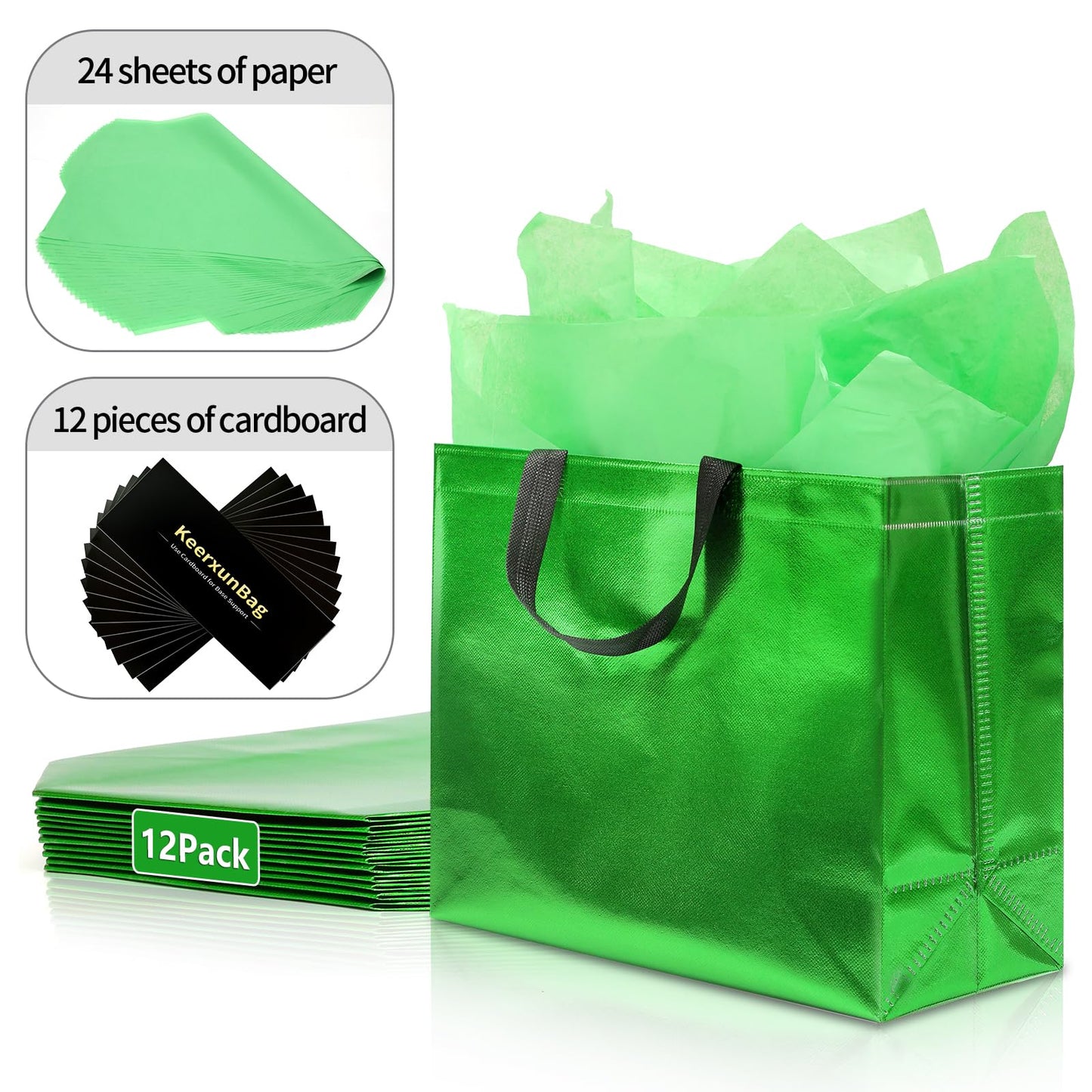 KeerxunBag 12Pcs Reusable Gift Bags（Includes Tissue Paper） Gift bag with handle Birthdays Parties Holidays Weddings Medium 13x5x11in Green Gift Bags