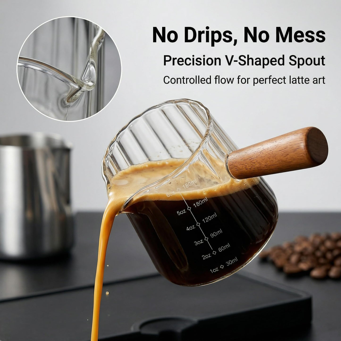 6 oz Espresso Cups With Wood Handle, Espresso Accessories, Ribbed Milk Frothing Pitcher, Glass Measuring Cup, Shot Glass with V-Shaped Mouth, Coffee Bar Epresso Shots Cup