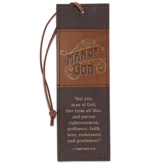 Christian Art Gifts Premium Inspirational Scripture Vegan Leather Bookmark for Men: Man of God Encouraging Bible Verse, Knotted Cord, Gold Text, Sturdy Slim Book Reading Accessory, Light & Dark Brown