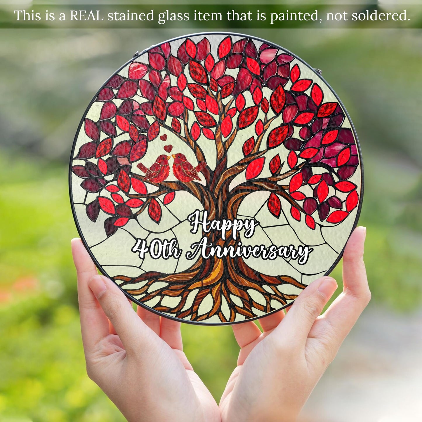 40th Wedding Anniversary Stained Glass Suncatcher, Ruby Anniversary Wedding Gifts, 6x6' Window Hanging for Couple, Wife, Husband, Parents – Unique 40th Anniversary Decorations Gifts