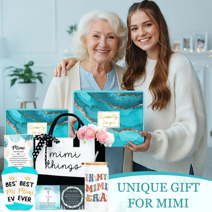 Mimi Gifts for Grandma Mimi Birthday Gifts from Grandkids Grandma Present Box for Christmas, Birthday Gift Set Ideas for Women from Grandson, Granddaughter, Grandchildren with Tote Bag, 16oz Glass Cup